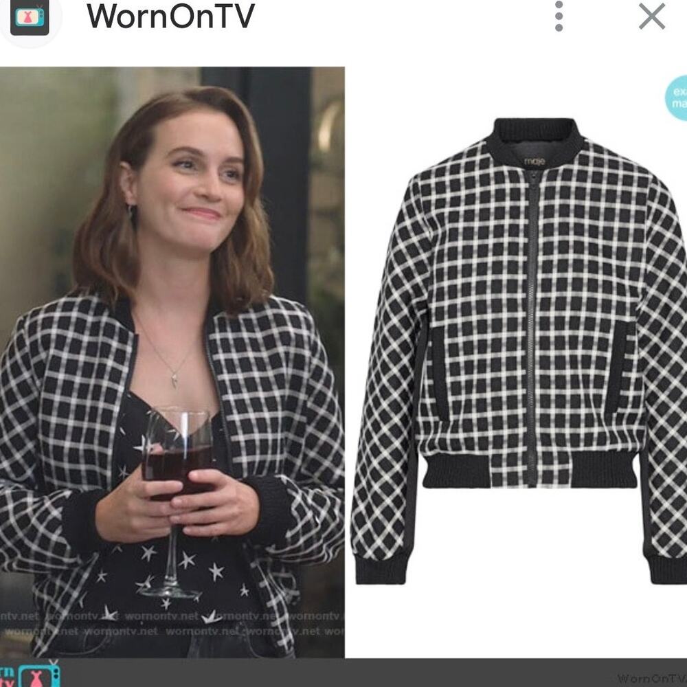 Maje Black White Check Plaid Zip Up Bomber Jacket Women’s Size 36/Small